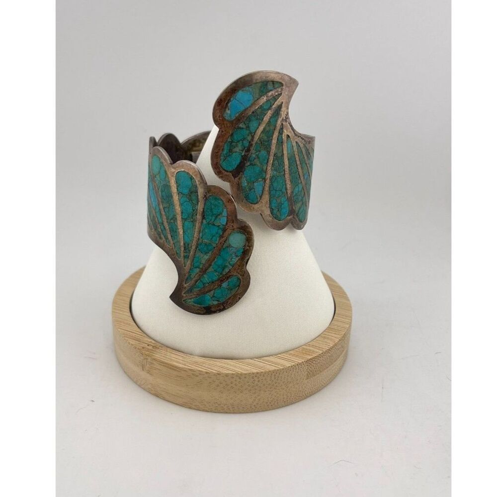 Vintage Sterling Hinged Cuff Bracelet with Turquoise Inlay, FLAWED